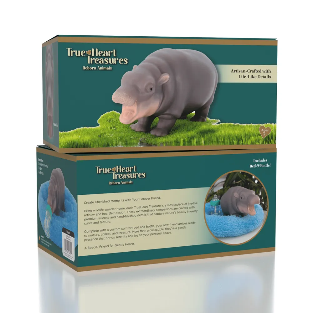 TrueHeart Treasures Squishies Silicone Reborn Animals: Mini Hippo Newborn Baby (Includes Bed & Bottle)